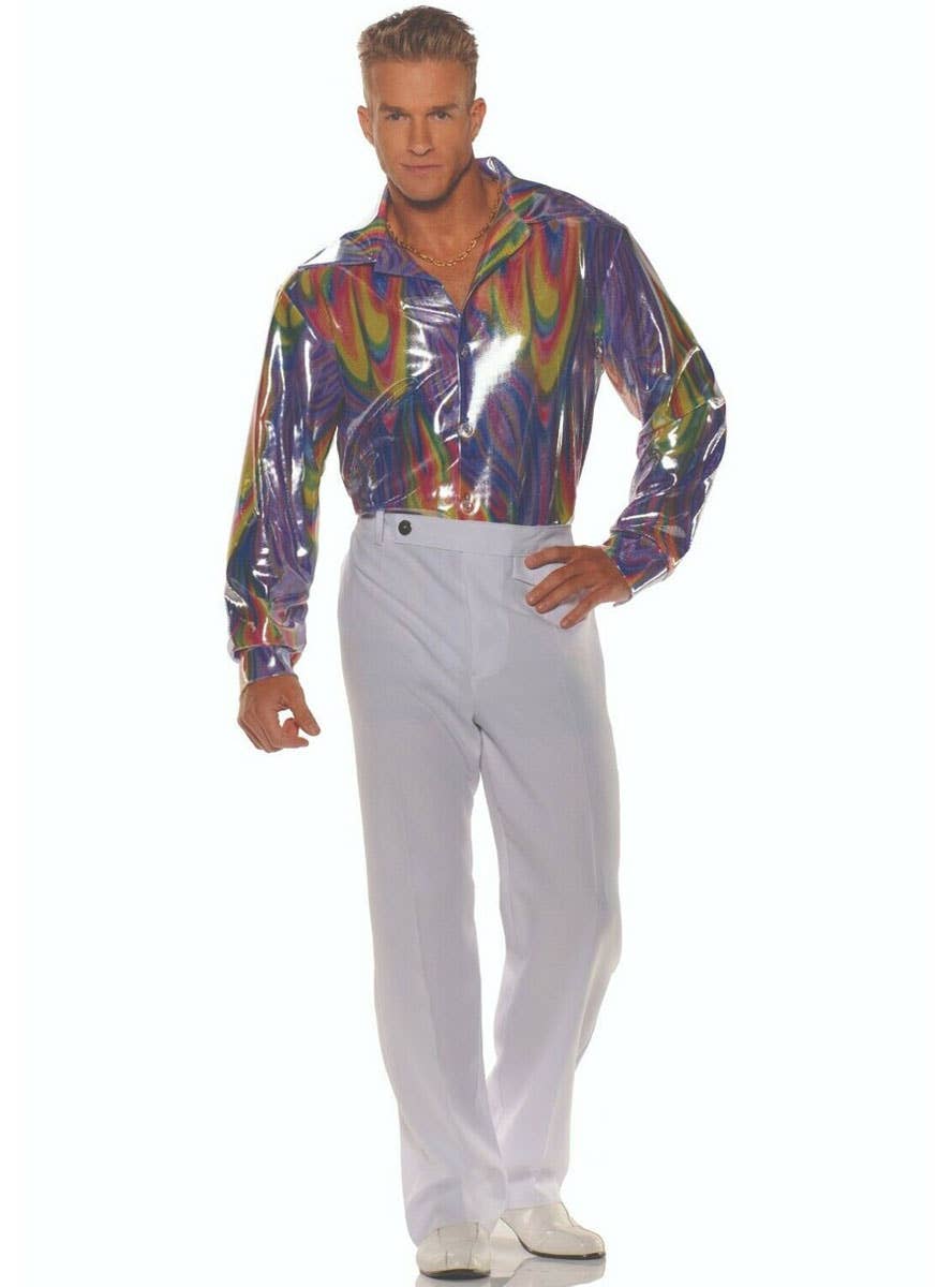 Plus Size Men's Metallic Rainbow 70s Disco Costume Shirt