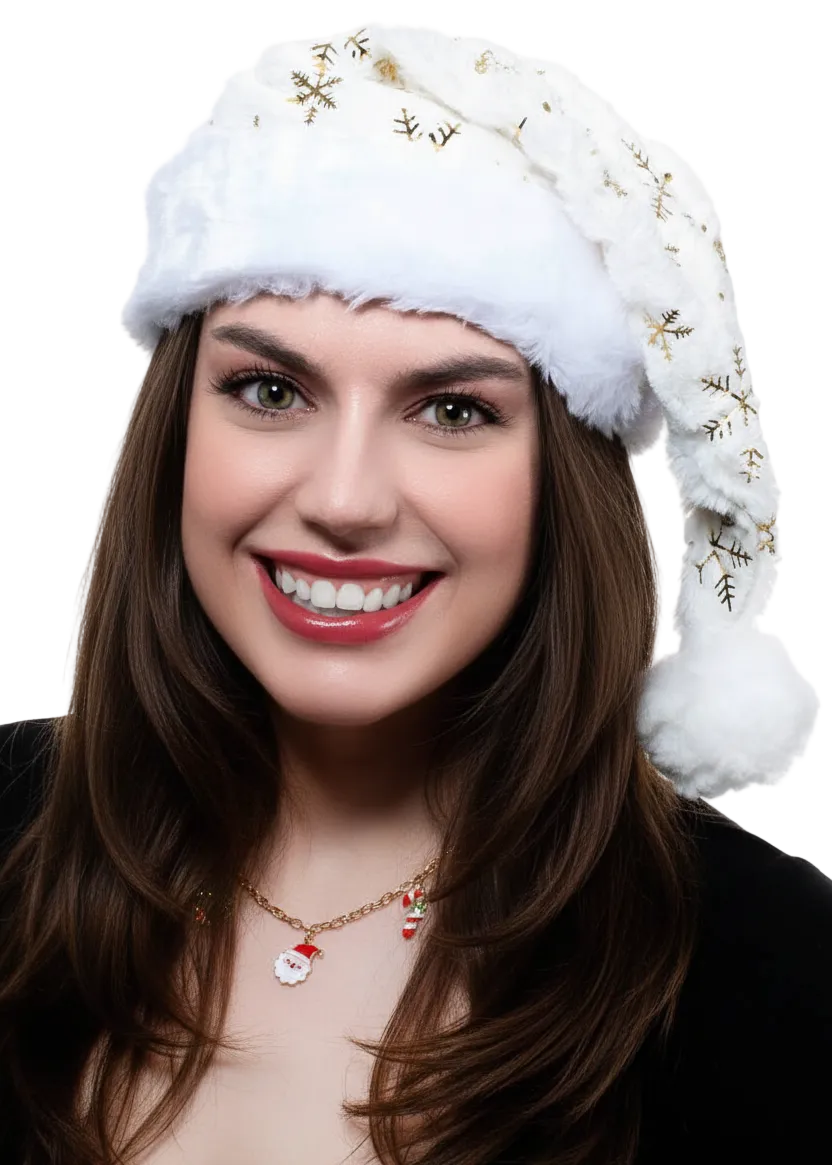 Extra Plush White Santa Hat with Gold Foil Snowflakes - main image