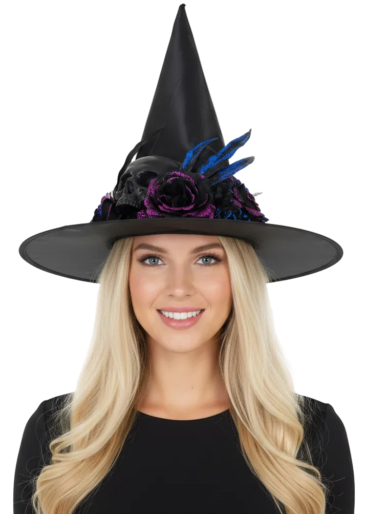 Pointy Black Witch Hat with Glitter Skull and Flowers - Main Image