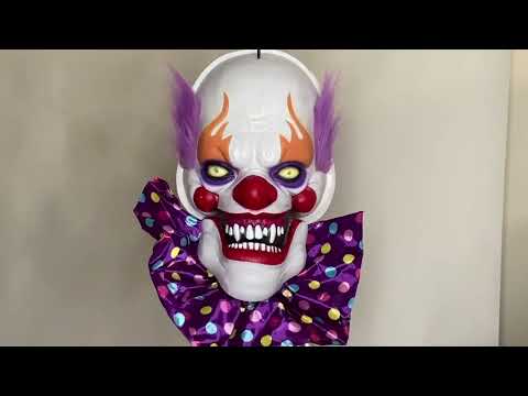 Video of Giant Hanging Animated Clown Face Halloween Decoration with Light Up Eyes and Sounds