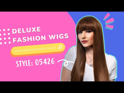 A person modelling this long brown synthetic wig with bangs.