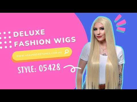 A person modelling this extra long bleach blonde costume wig.