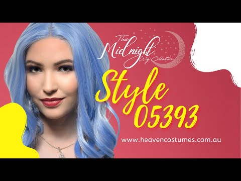 A person modelling this light blue wig with information about the wig written on the side.