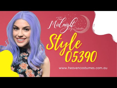A person modelling this periwinkle blue wig with information about the wig written on the side.
