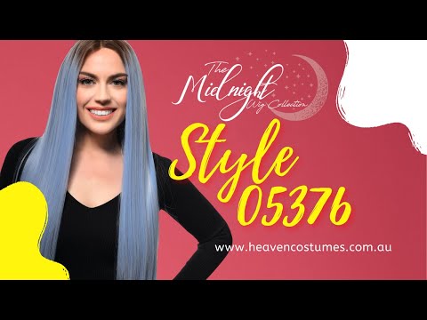 A person modelling this periwinkle blue wig with information about the wig on the side.