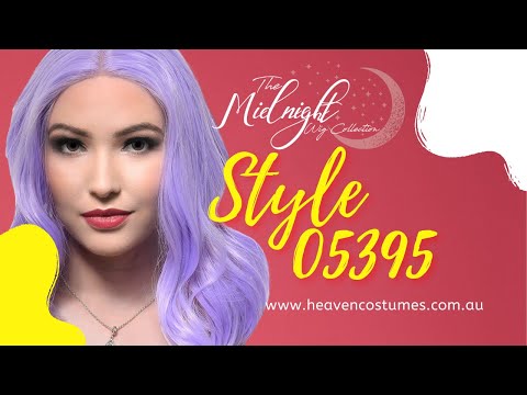 A person modelling this lavender purple wig with information about the wig on the side.