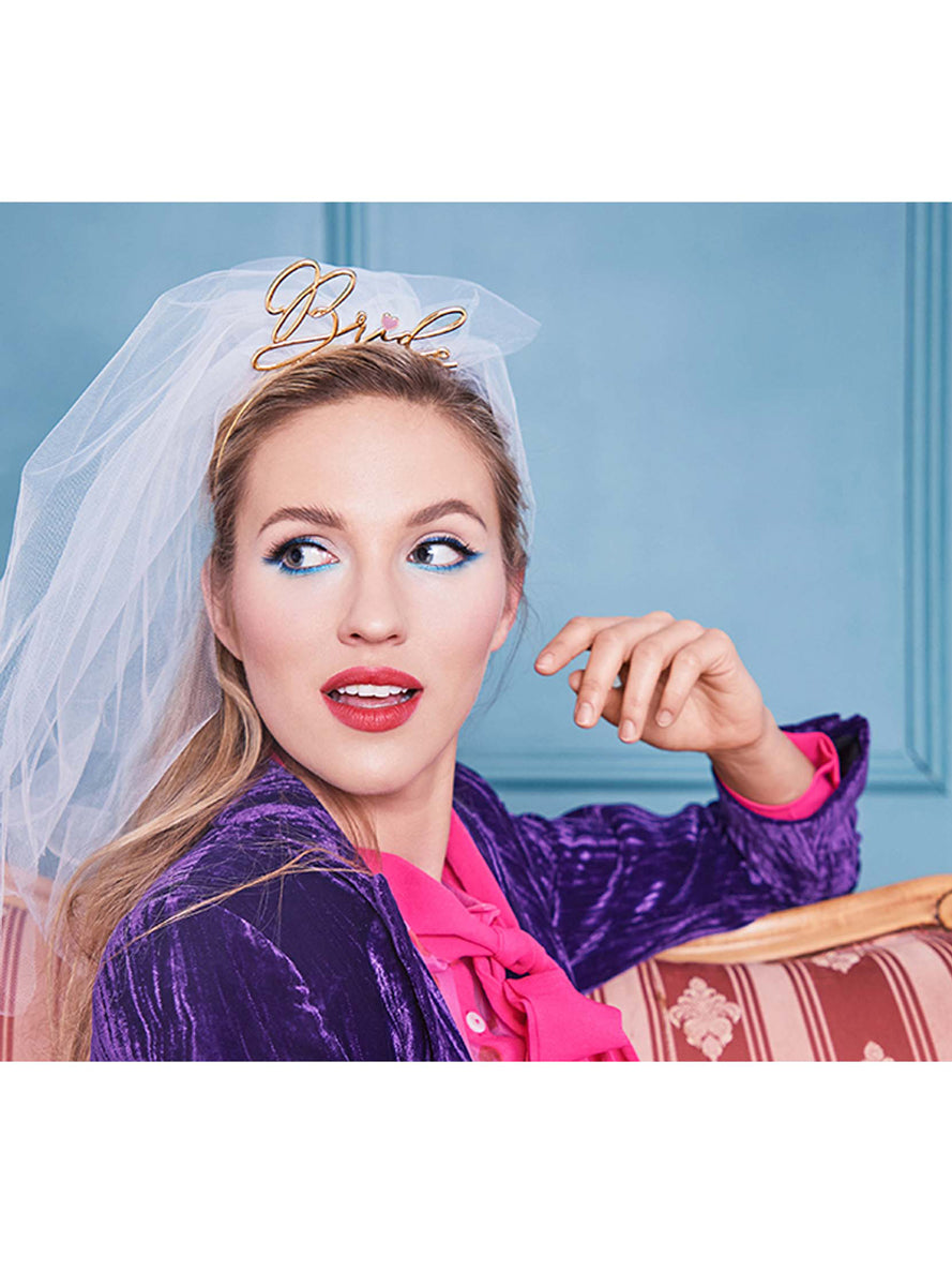 Prosecco Party Hens Night Gold Bride Headband with Veil - Lifestyle Image 1