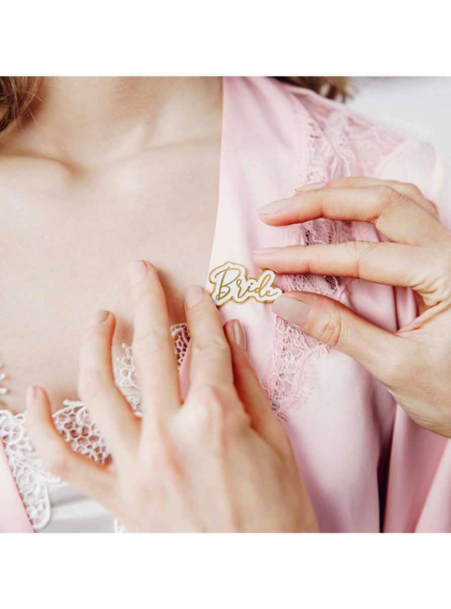 Prosecco Party White and Gold Enamel Bride Pin - Lifestyle Image