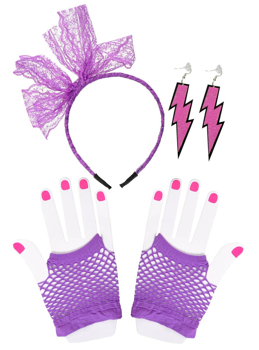 Image of Neon Purple 3 Piece 1980s Costume Accessory Set