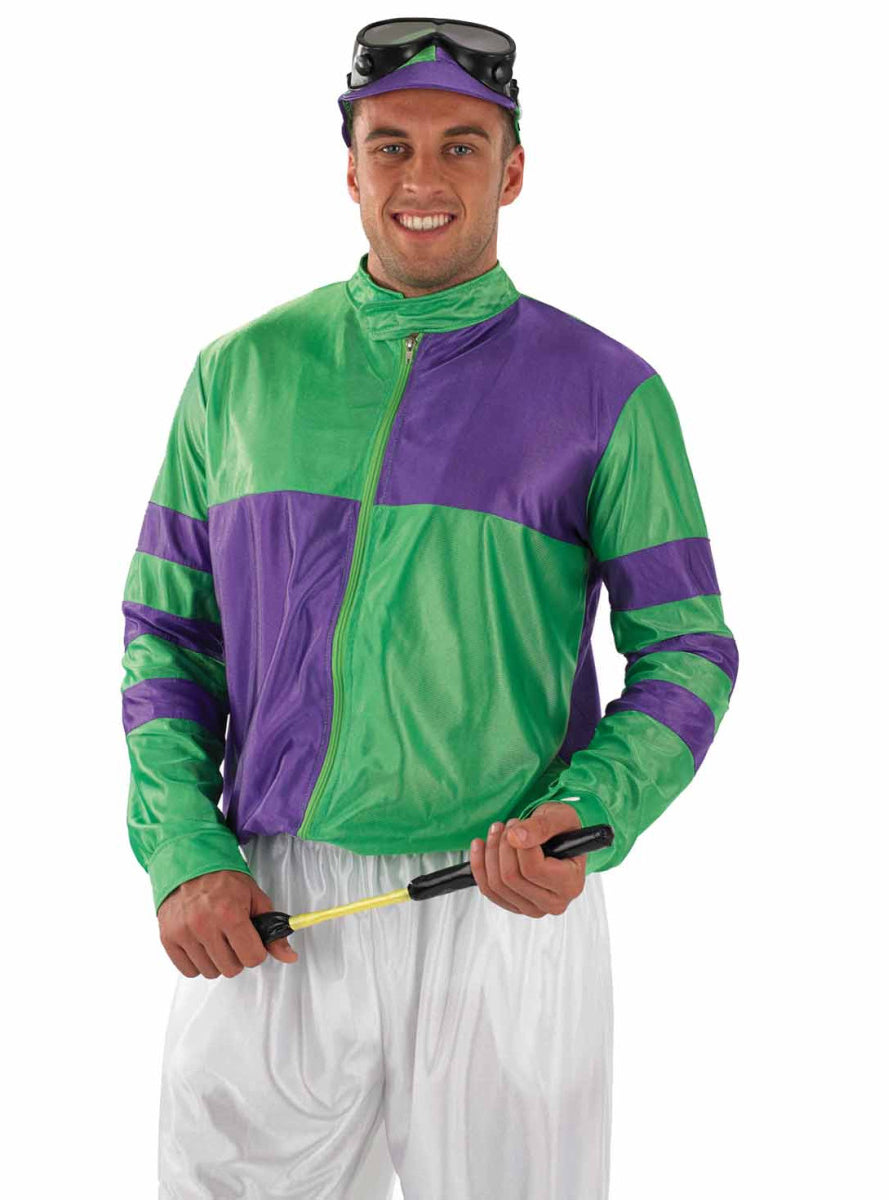Plus Size Mens Purple and Green Jockey Costume - Close Image