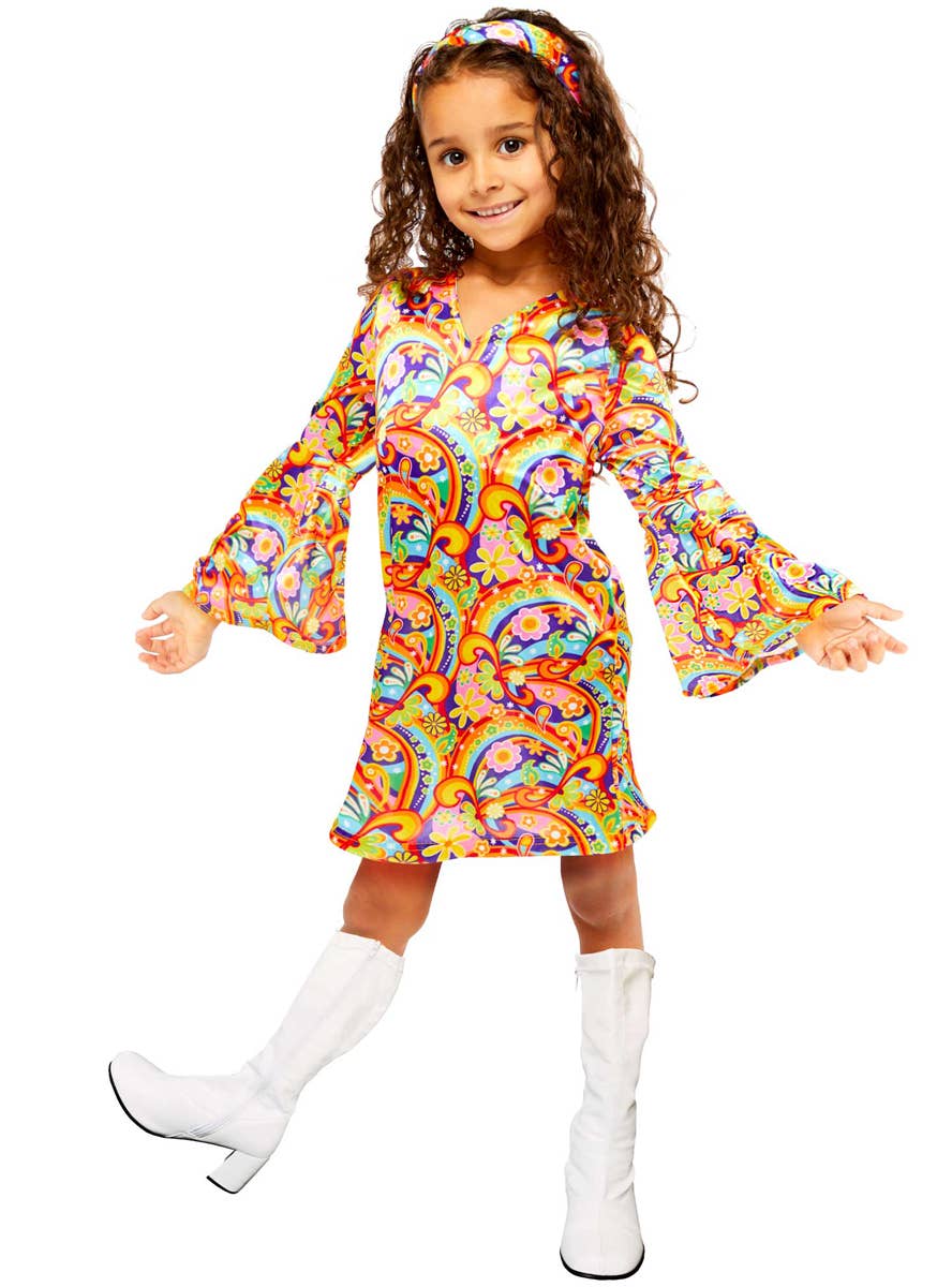 Girls Rainbow Flower Power 70s Hippie Costume
