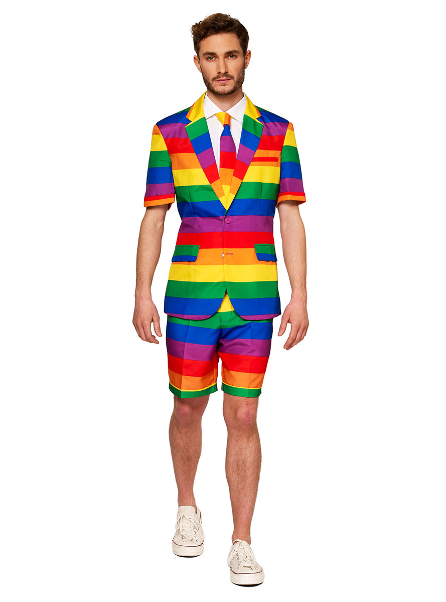 Rainbow Striped Mens Short Sleeved Costume Suit - Main Image