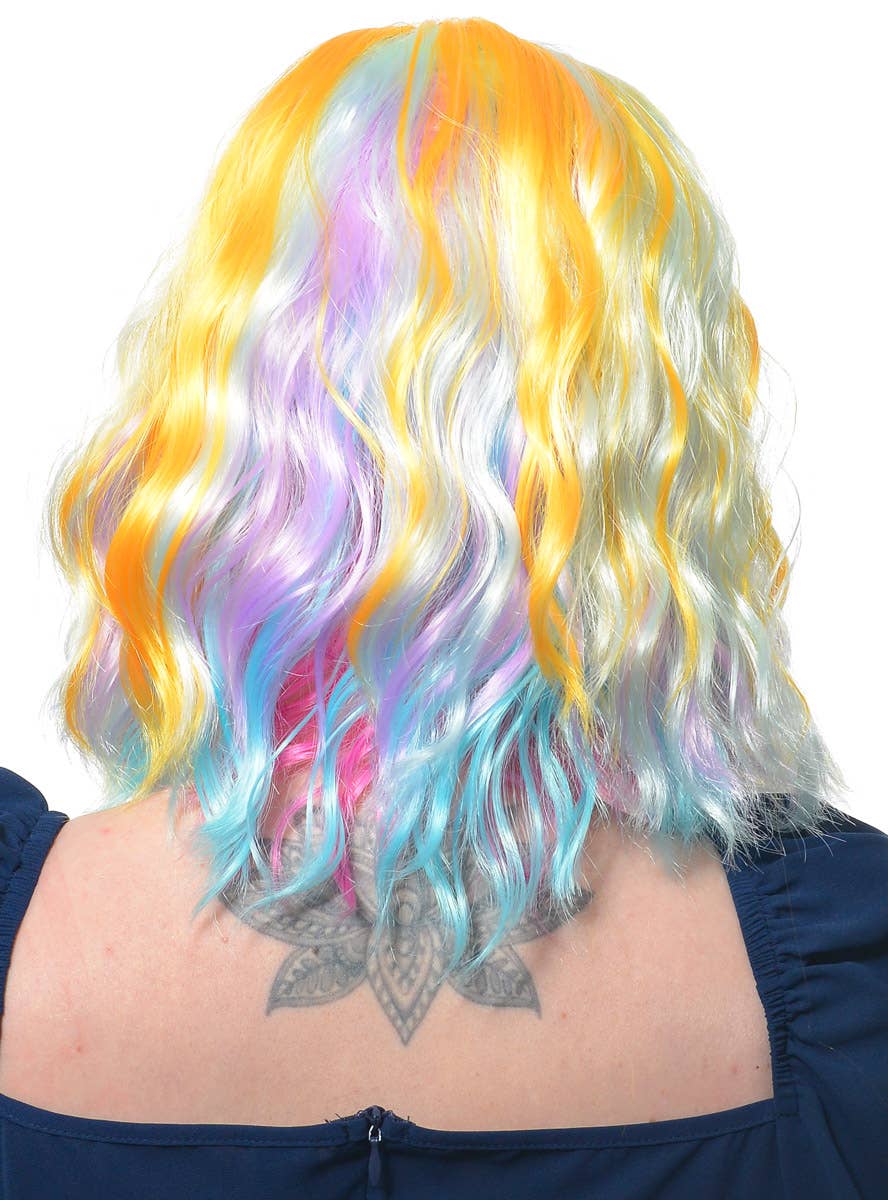 Image of Pastel Rainbow Wavy Mid Length Womens Costume Wig - Back View