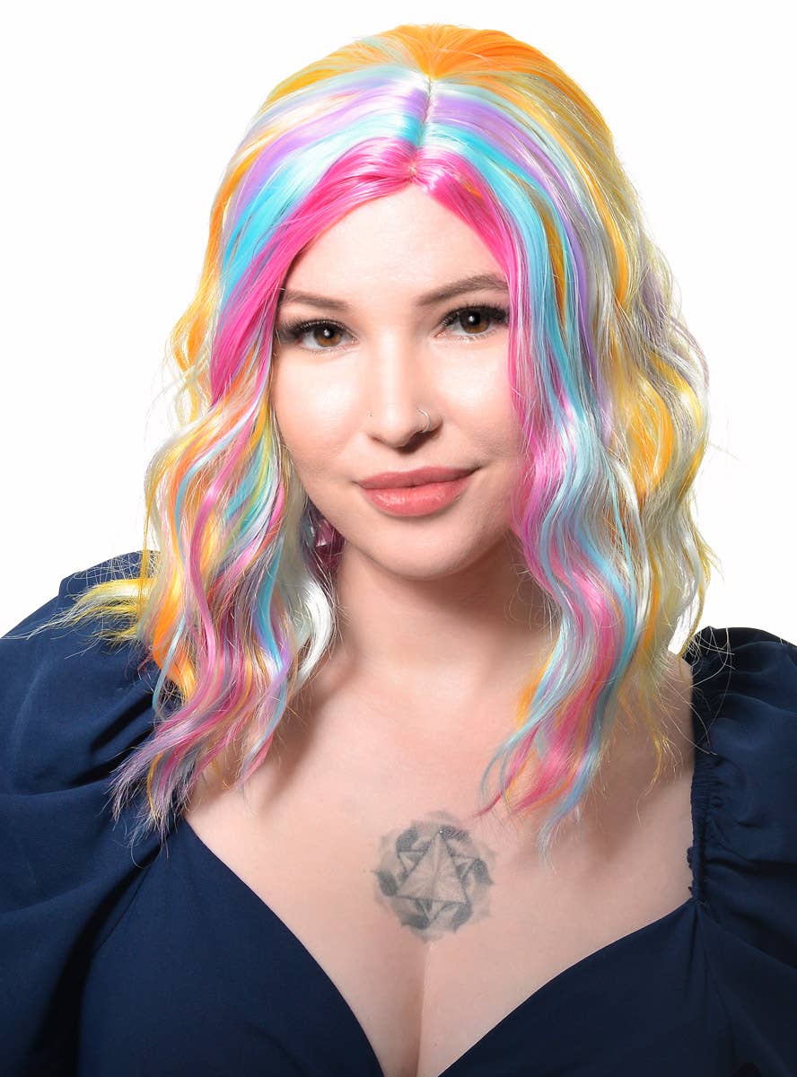 Image of Pastel Rainbow Wavy Mid Length Womens Costume Wig - Front View