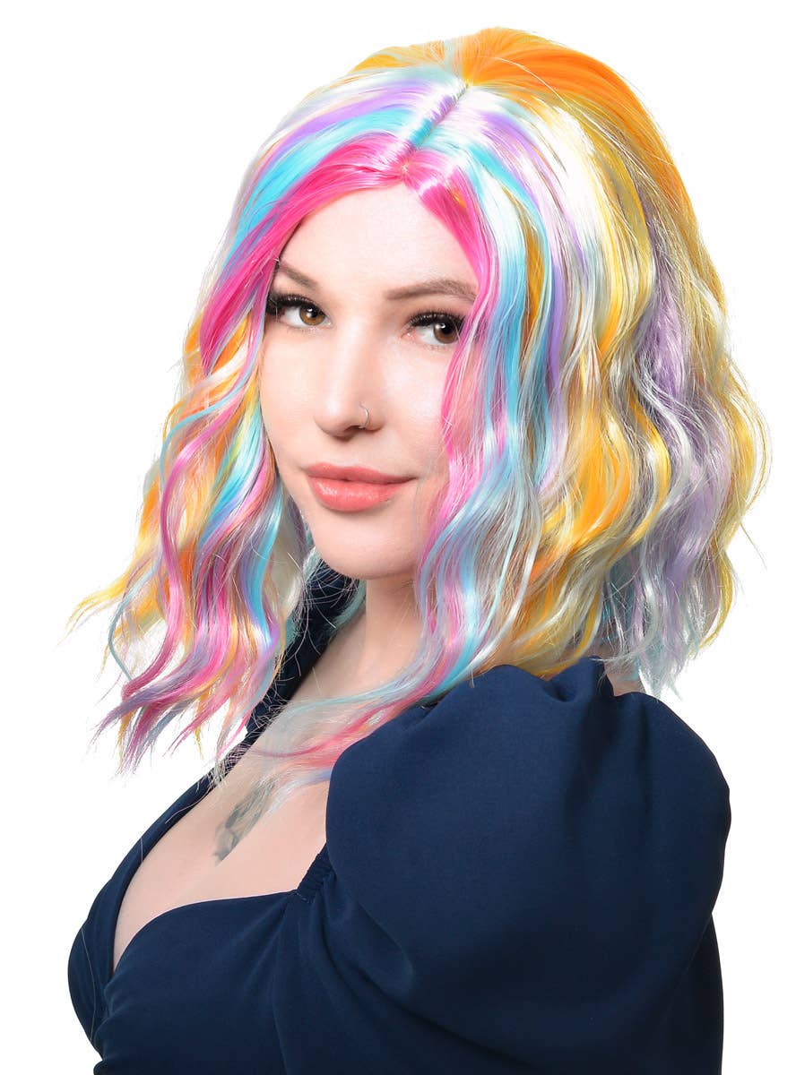 Image of Pastel Rainbow Wavy Mid Length Womens Costume Wig - Side View