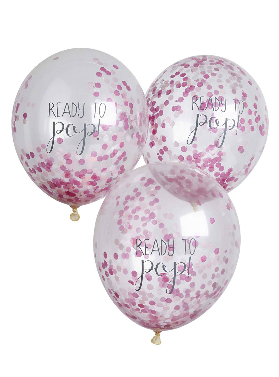 Ready to Pop 5 Pack Pink Confetti Filled 30cm Latex Balloons - Main Image