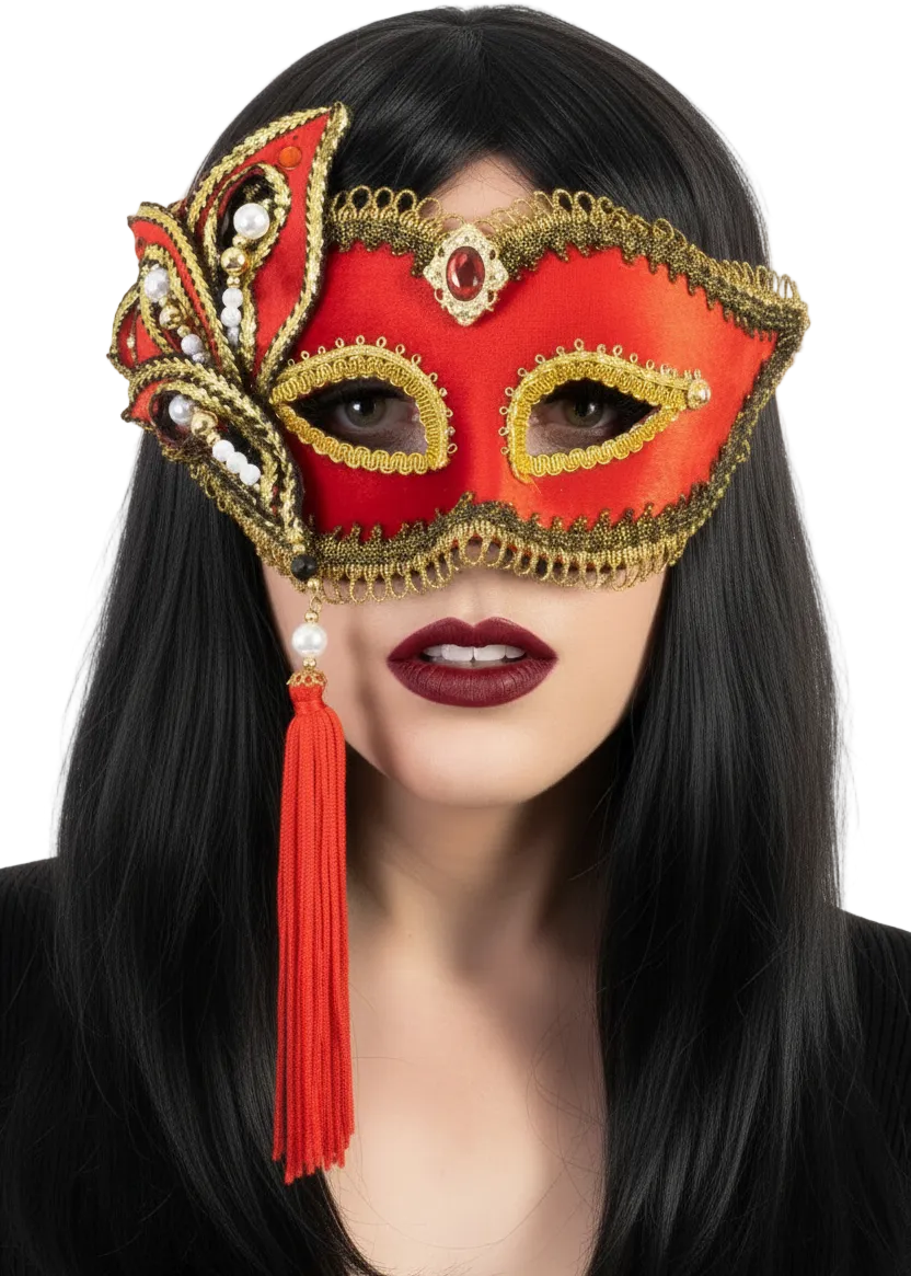 Deluxe Red Velvet Pearl and Ruby Women's Masquerade Mask - Main Image