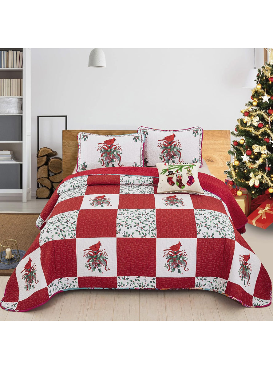 Red and Green Elegant Queen Size Christmas Quilt Cover Set