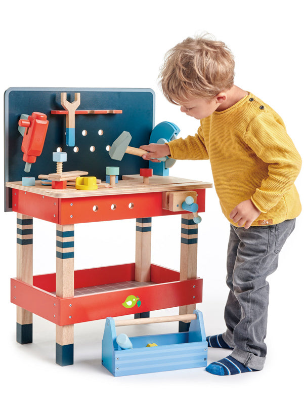 Red And Navy Blue Tenderleaf Tool Bench Wooden Toys - Lifestyle Image 2