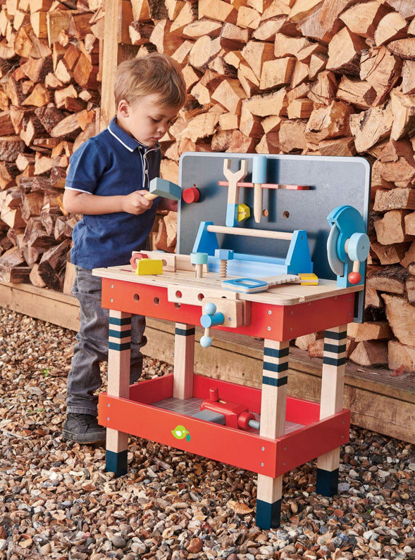 Red And Navy Blue Tenderleaf Tool Bench Wooden Toys - Lifestyle Image 4
