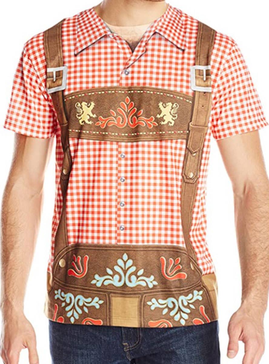 Image of Chequered Red and White Oktoberfest Men's Costume Shirt - close image