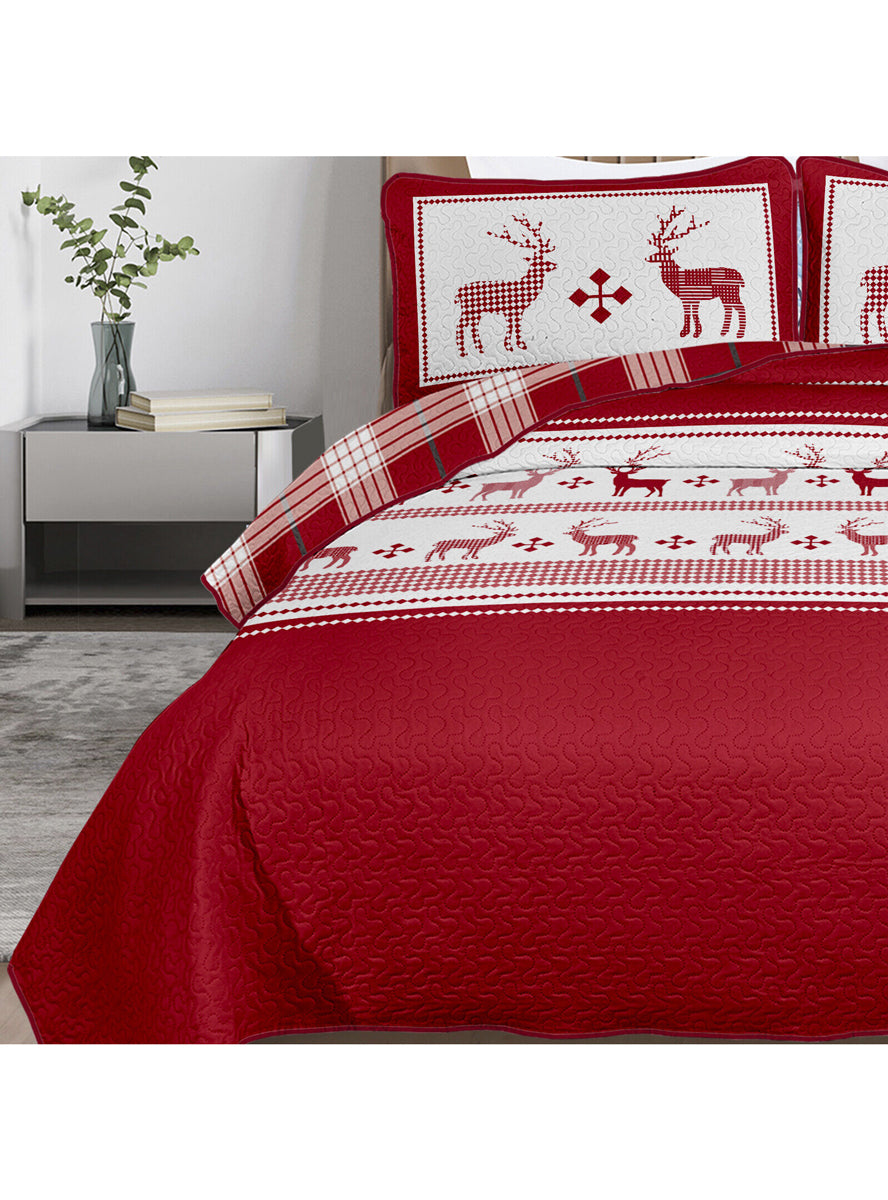 Red and White Reindeer Print Queen Size Christmas Quilt Cover Set - Close Image 2
