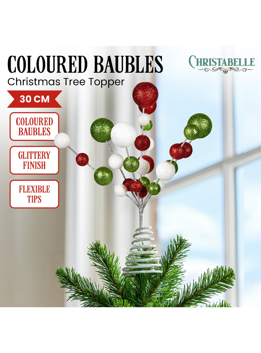Red Green and White Glitter Bauble Christmas Tree Topper - Information Image