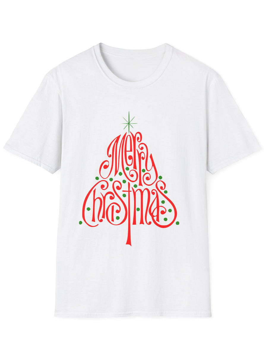 White Adults Plus Size Christmas Shirt with Red Merry Christmas Tree Print