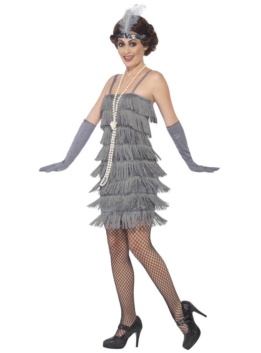 Image of 1920s Short Grey Fringed Womens Flapper Dress Costume - Side View