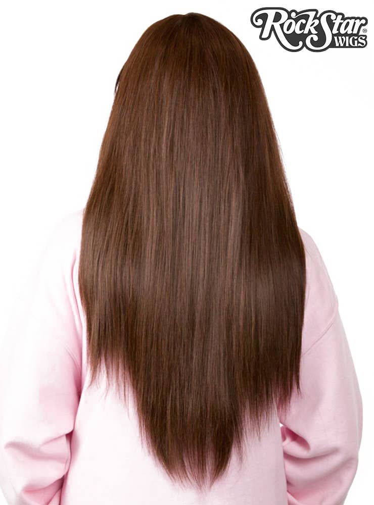Bella Long Straight Chocolate Brown Deluxe Rockstar Fashion Wig Back Image