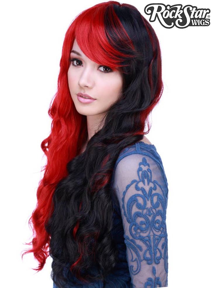 Half Red Half Black Women's Classic Wavy Rockstar Fashion Wig Side Image