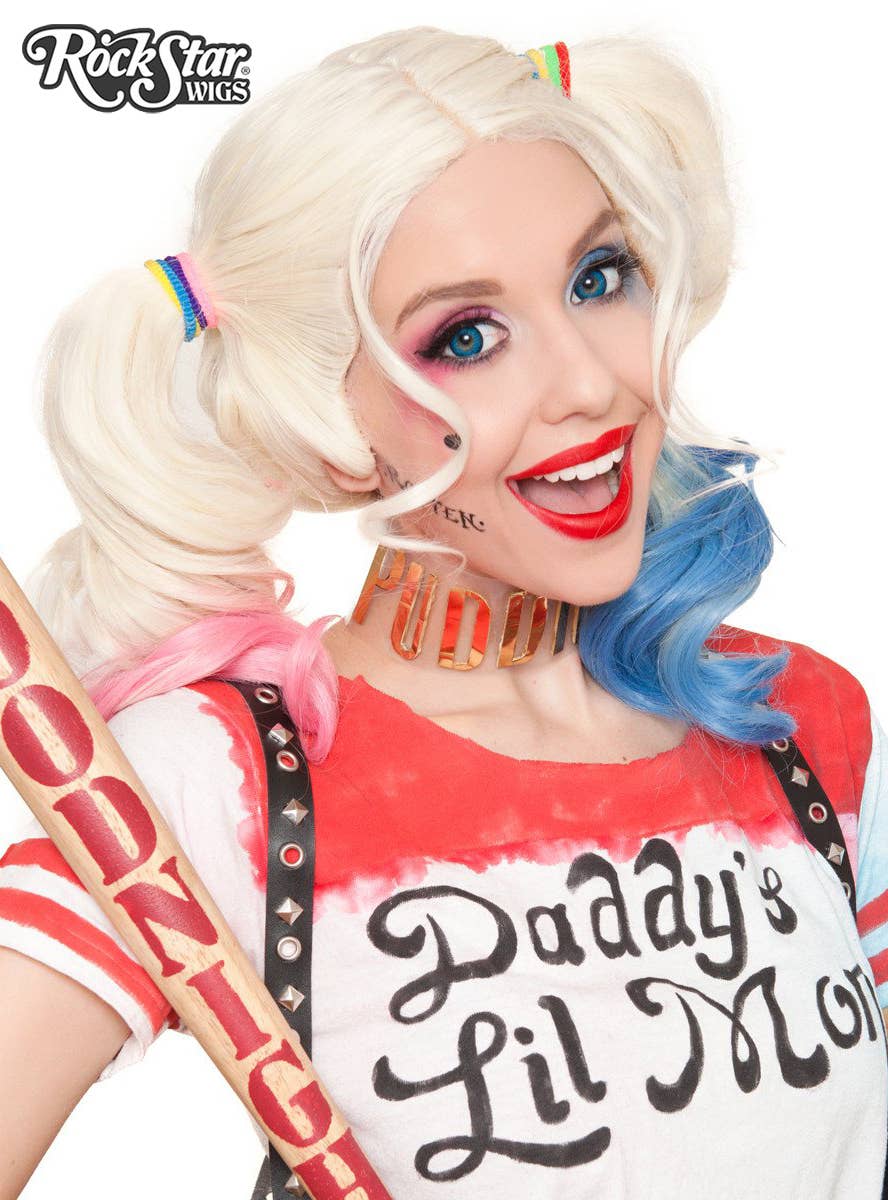 Women's Deluxe Harley Quinn Pink and Blue Cosplay Wig Side Image