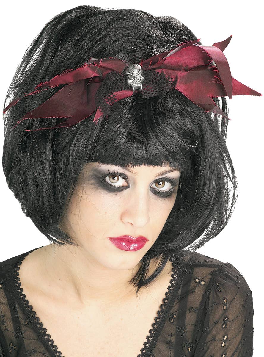 Jagged Red Bow with Skull and Black Mesh Costume Headband