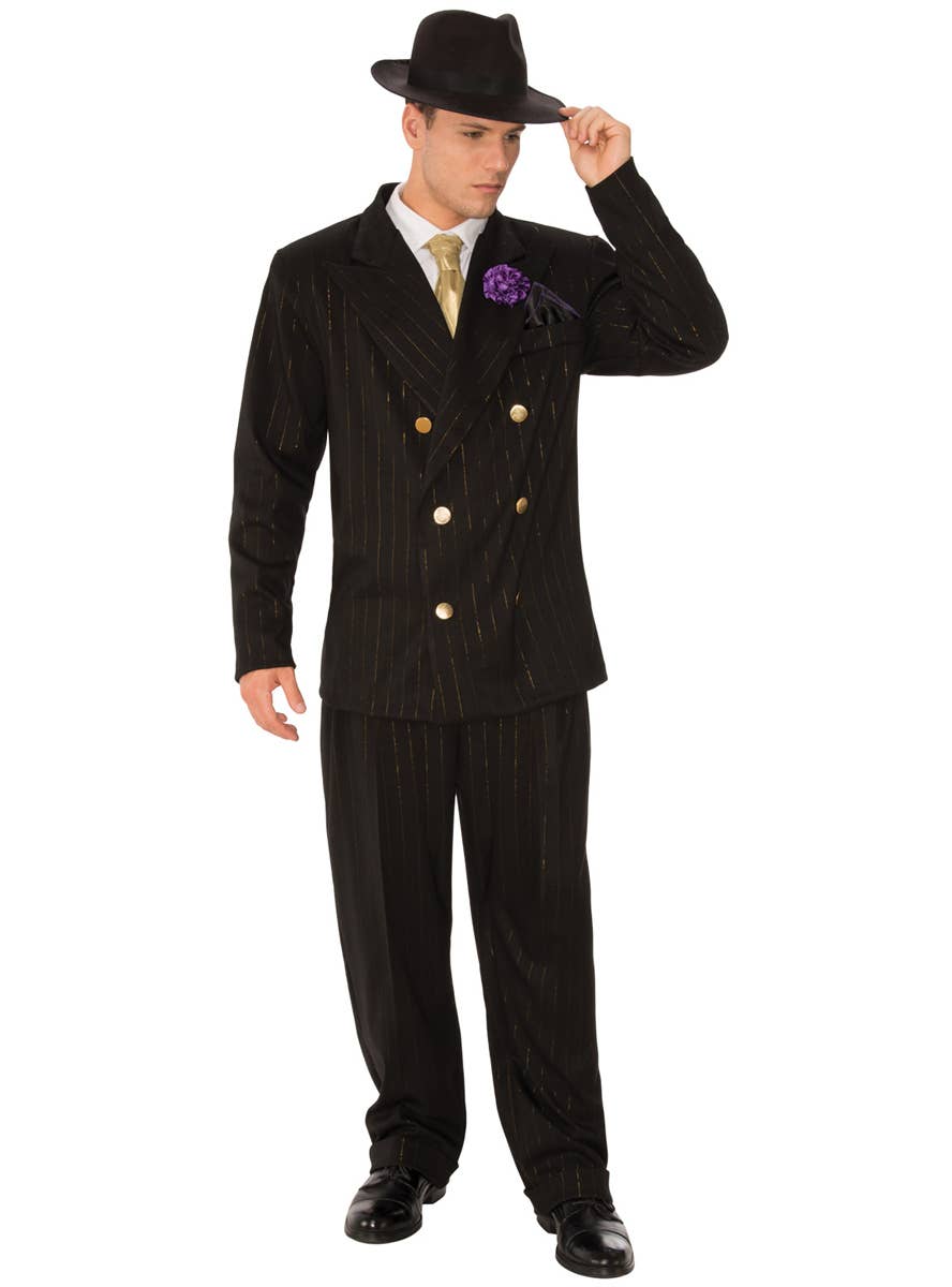 Men's Black and Gold Pinstripe Gangster Dress Up Costume