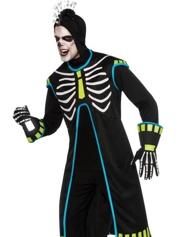 Hooded Black UV Reactive Rave Skeleton Men's Halloween Costume - Alternative Image