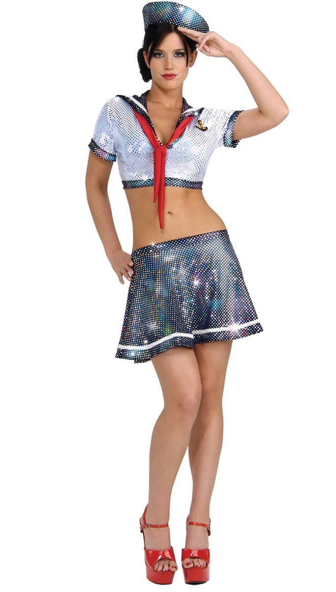 Women's Sexy Ahoy Matey Sequined Sailor Fancy Dress Costume - Main Image