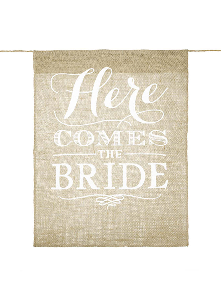 Rustic Wedding Burlap Here Comes the Bride Aisle Sign - Main Image