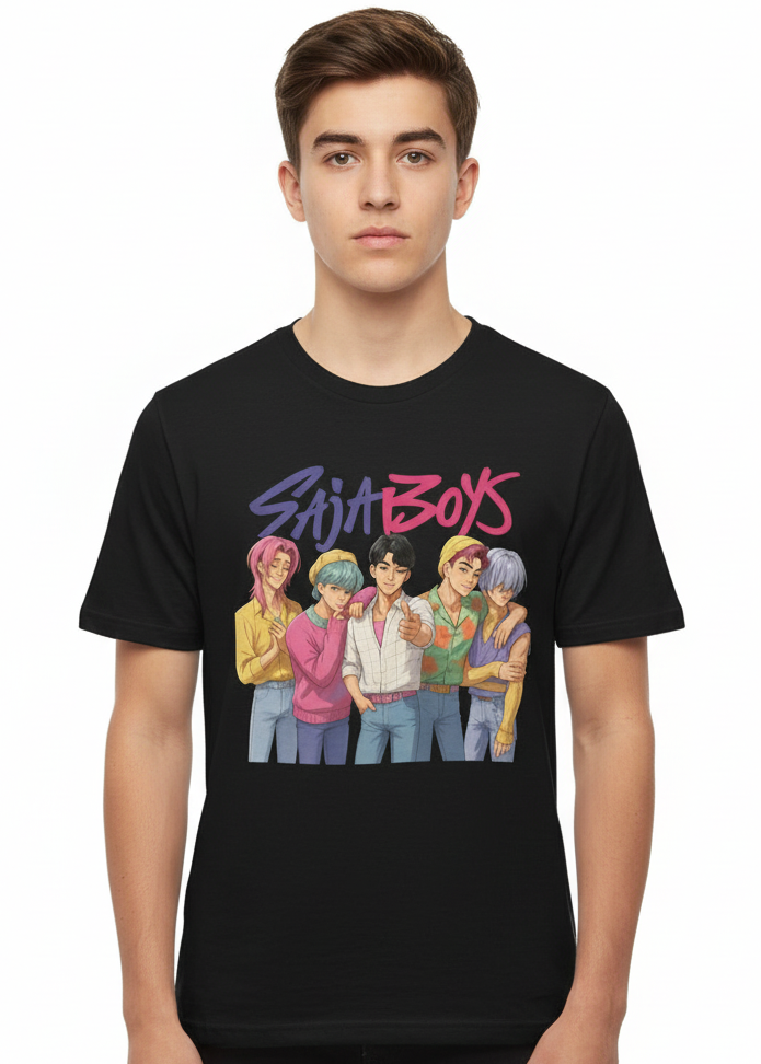Teens Black T-Shirt with Saja Boys Group KPop Print Main Image