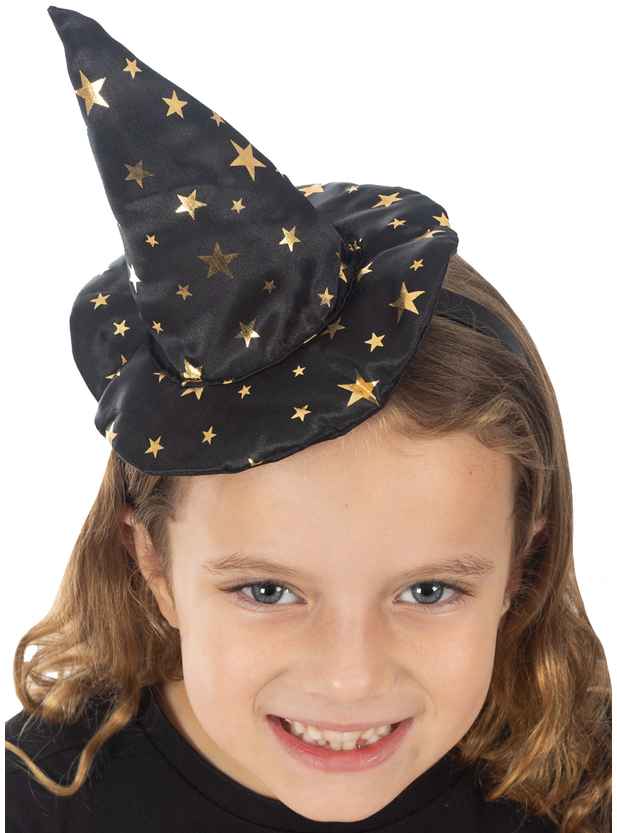 Satin Black and Gold Star Mini Witch Costume Hat Headband - Alternate Image