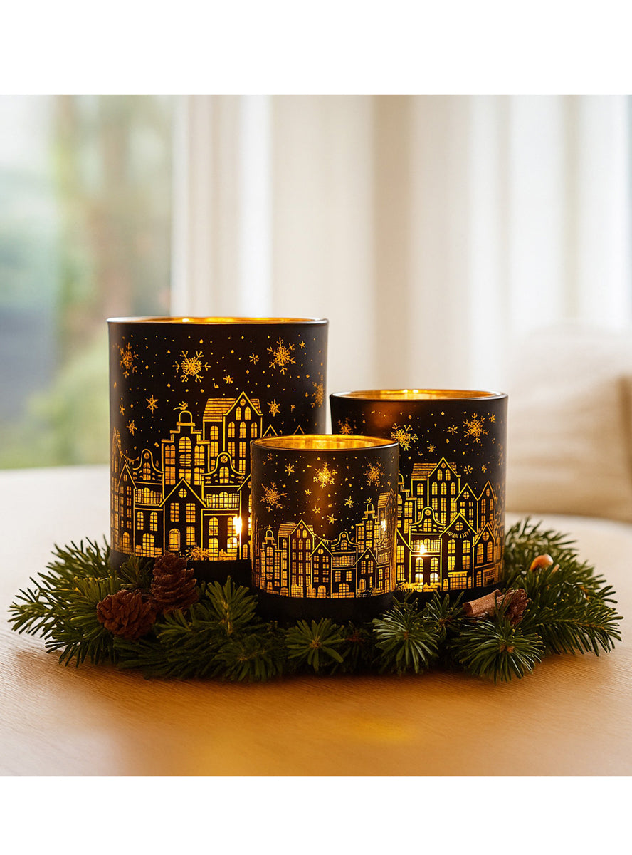 Set of 3 Black and Gold Christmas Village Print Candle Holders - Alternate Image 1