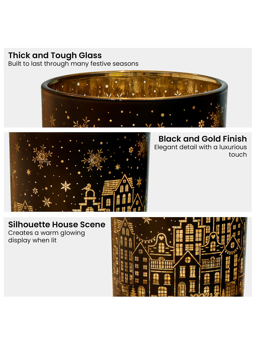 Set of 3 Black and Gold Christmas Village Print Candle Holders - Info Image 3