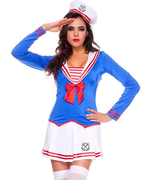 Sexy Blue And White Women's Sexy Sailor Anchors Away Fancy Dress Costume With Red Details - Close Up View