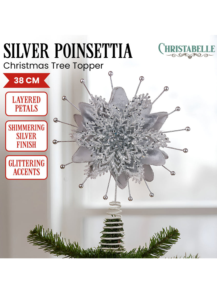 Silver Glitter Poinsettia Christabelle Christmas Tree Topper Decoration - Details Image