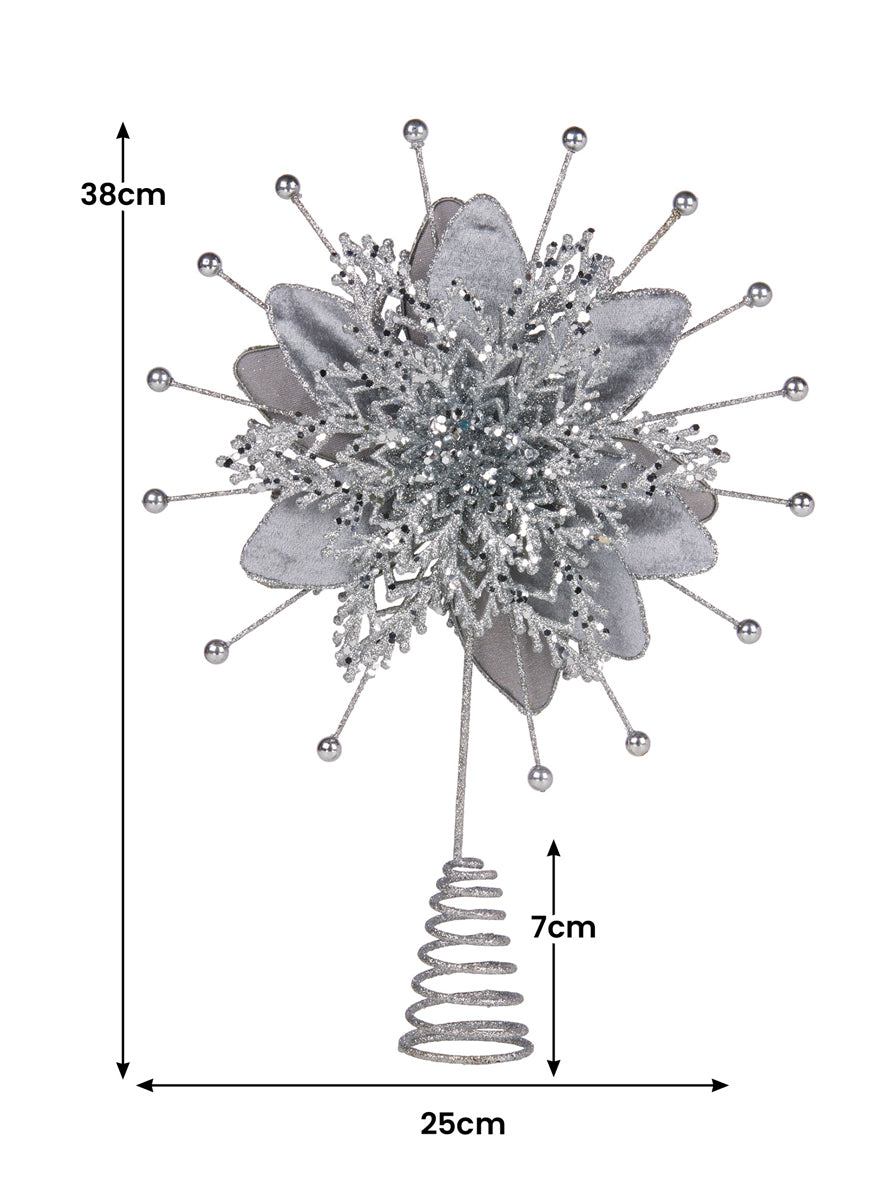 Silver Glitter Poinsettia Christabelle Christmas Tree Topper Decoration - Measurements Image