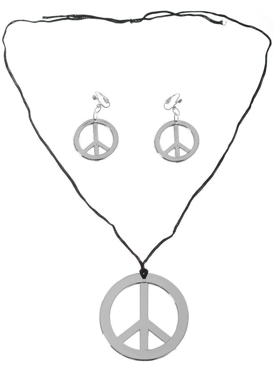 Hippie Silver Peace Sign Necklace and Earrings Costume Jewellery Set