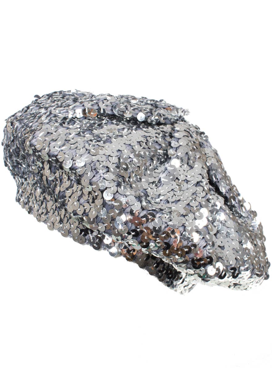 Sparkling Silver Sequin Disco Beret Costume Hat - Product Image