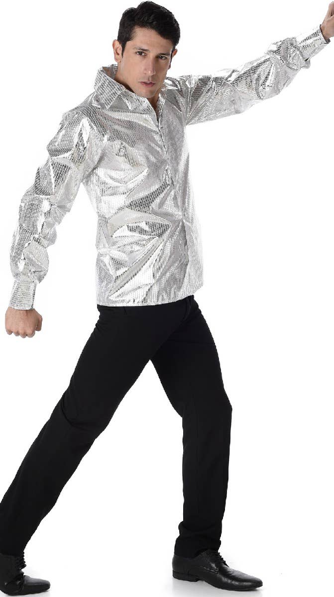 Shiny 1970s Mens Silver Sequin Disco Costume Shirt - Alternative Side Image