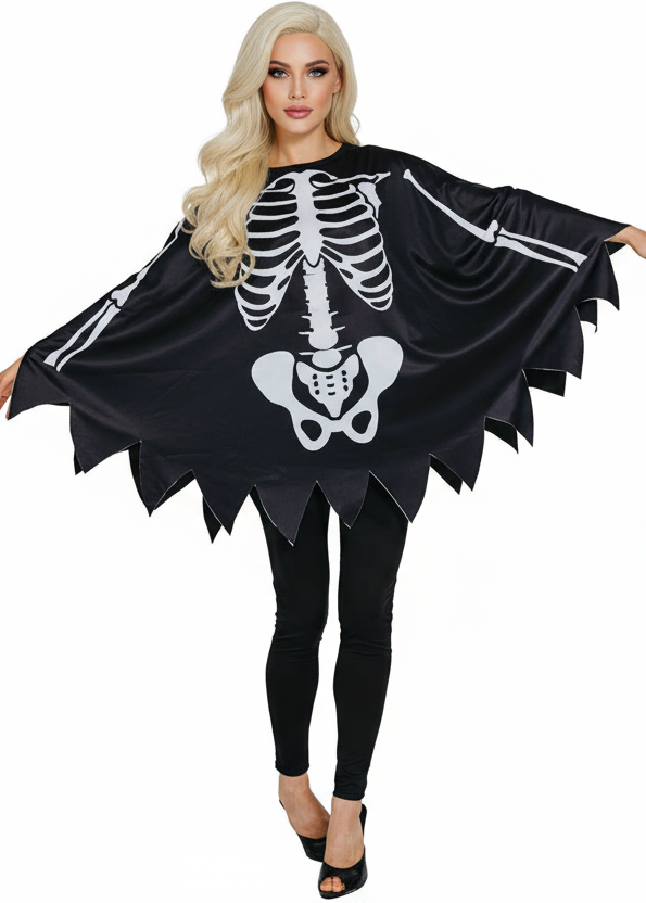 Image of Skeleton Print Poncho Women's Halloween Costume - main image