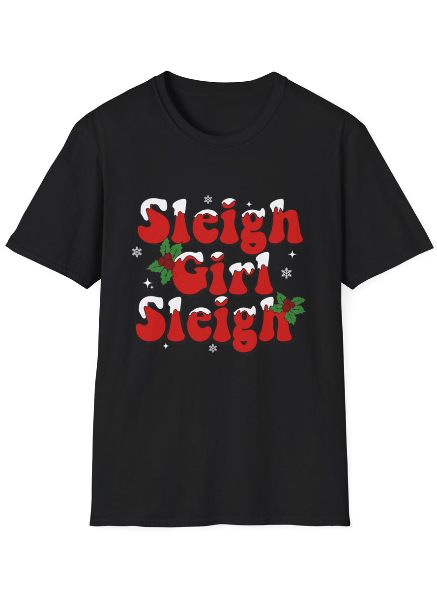 Adults Black Plus Size Christmas T-Shirt with Sleigh Girl Sleigh Print