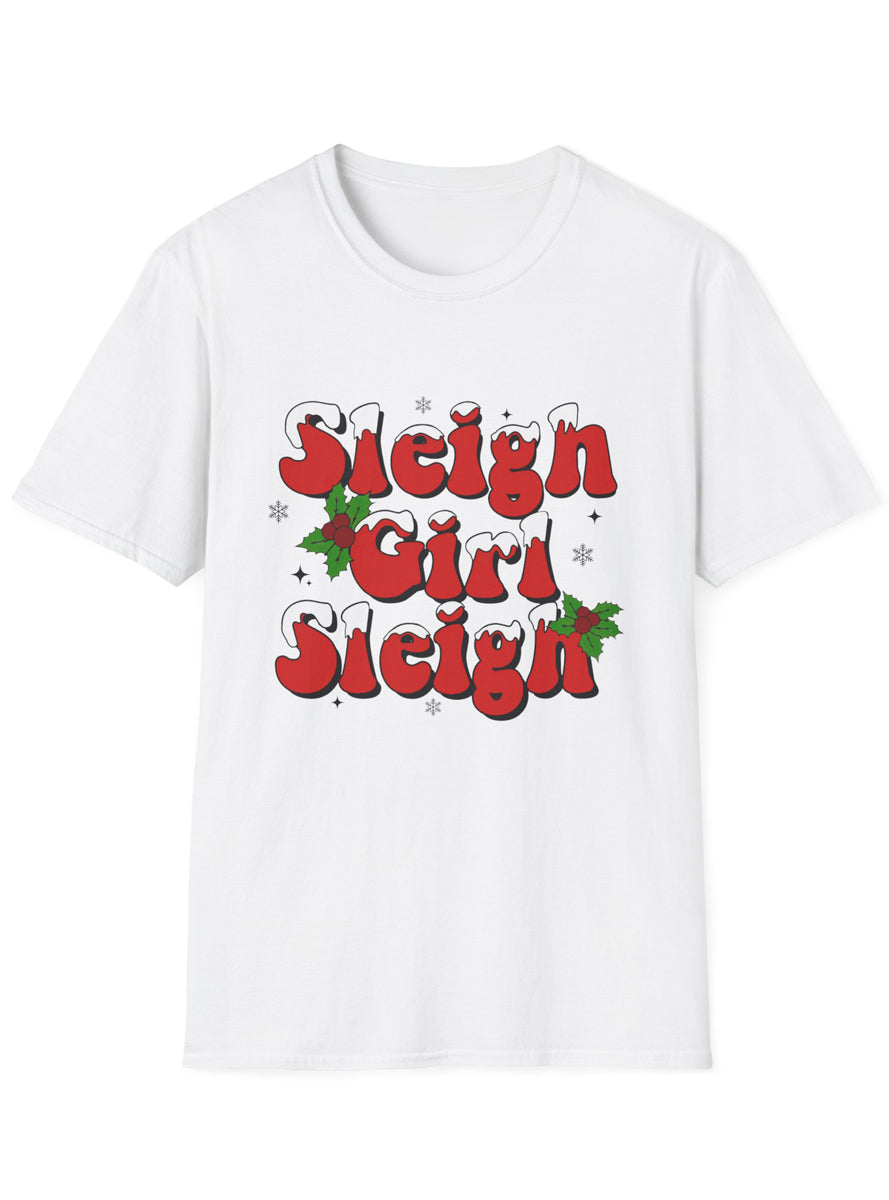 Adults White Christmas T-Shirt with Sleigh Girl Sleigh Print